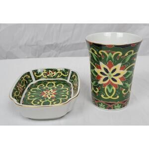 Kashmir Takahashi San Franscisco 1981 Hand Decorated Rectangular Bowl and Cup